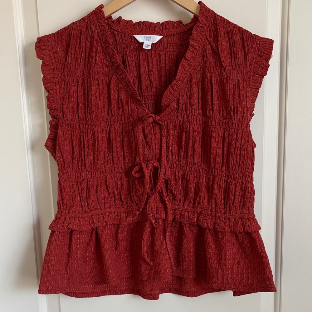 Time and Tru Crimson Textured Tie-Front Peplum Sleeveless Top